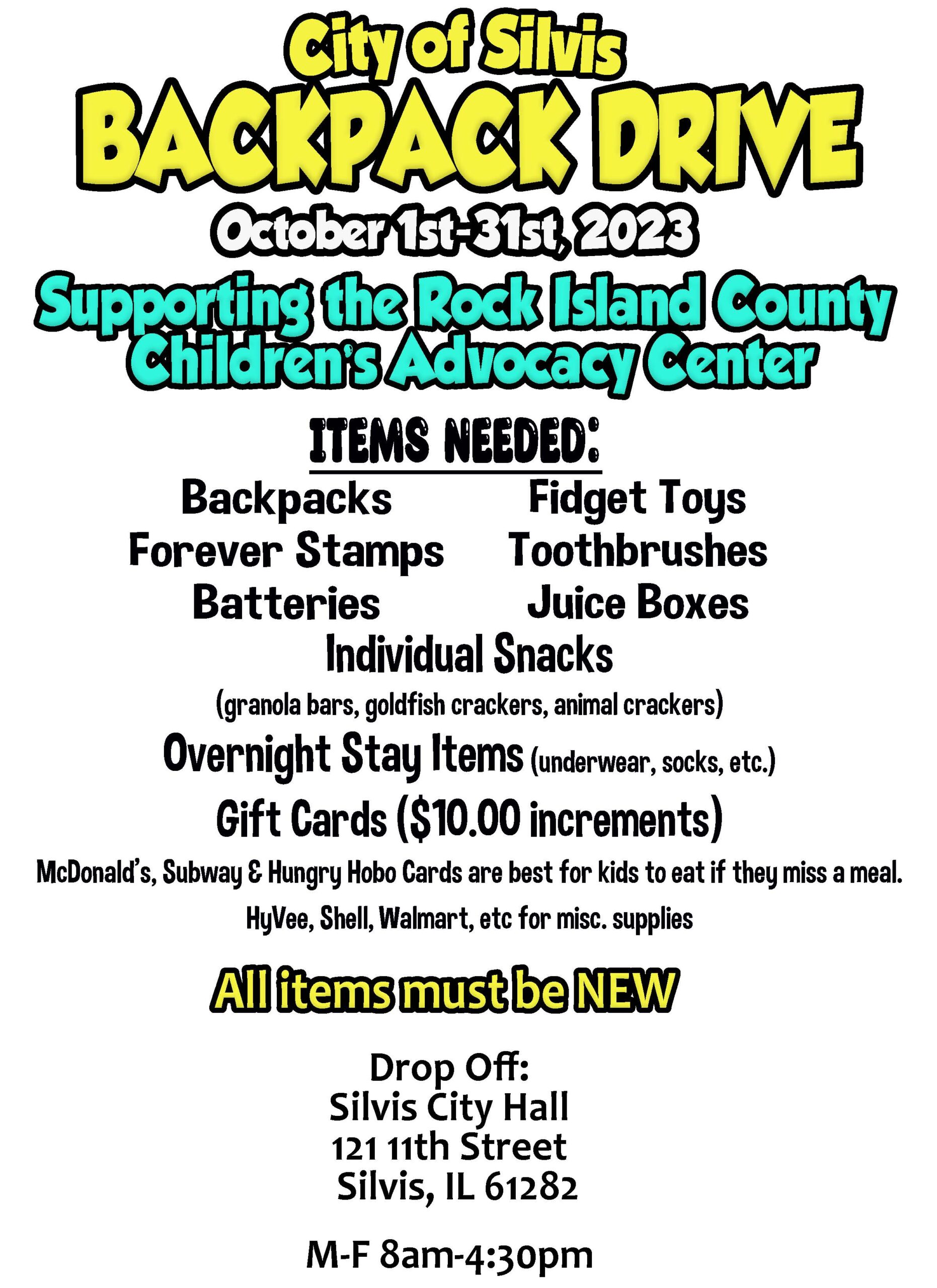Join Silvis Backpack Drive to aid child abuse victims